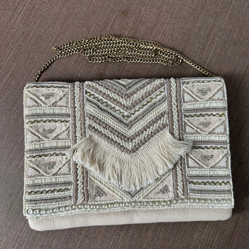 Shirdee Hand Beaded Boho Clutch Cream Gold Fringe Tassel Handcrafted‎ Whimsigoth